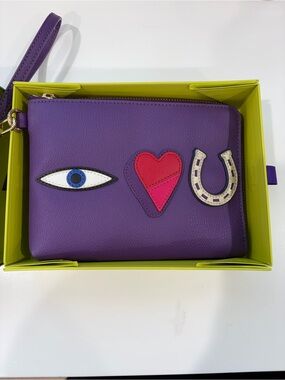 Tory Burch Purple Leather Wristlet with Eye, Heart & Horseshoe Appliqués